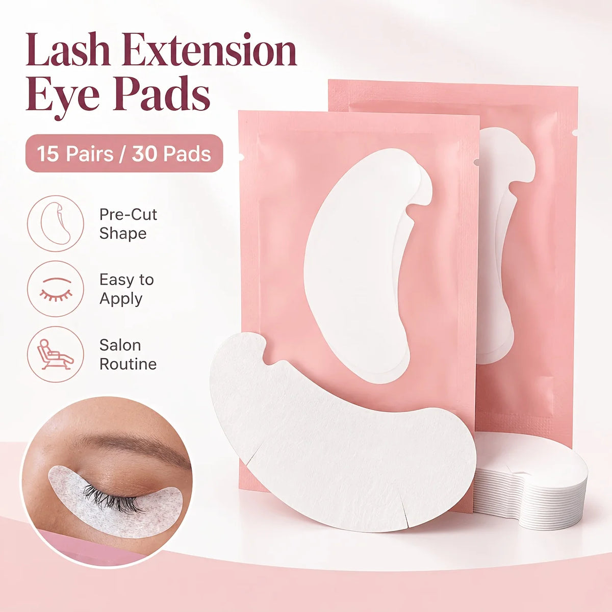 Lash Extension Eye Pads, 15 Pairs 30 Pads, Pre-Cut Under Eye Pads with Pink Individual Packs