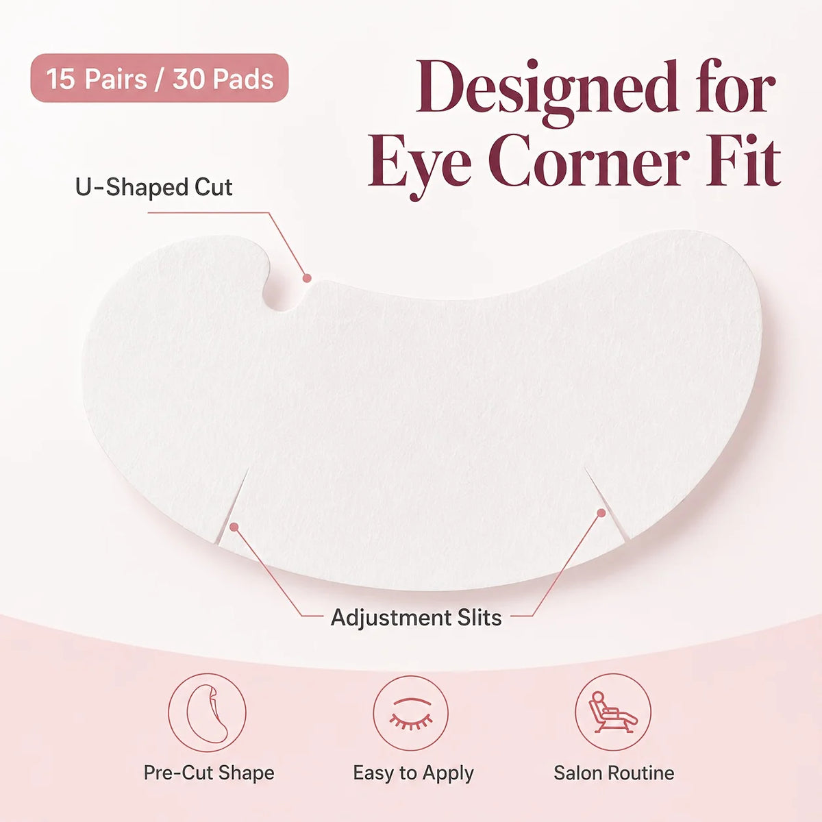 Lash Extension Eye Pads, 15 Pairs 30 Pads, Pre-Cut Under Eye Pads with Pink Individual Packs