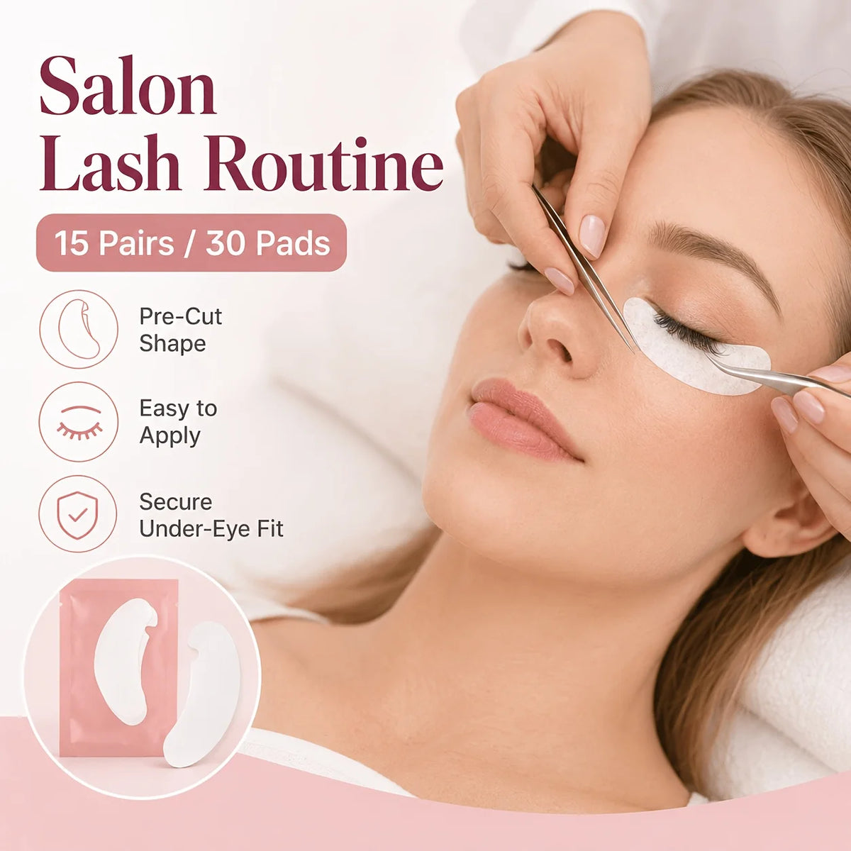 Lash Extension Eye Pads, 15 Pairs 30 Pads, Pre-Cut Under Eye Pads with Pink Individual Packs