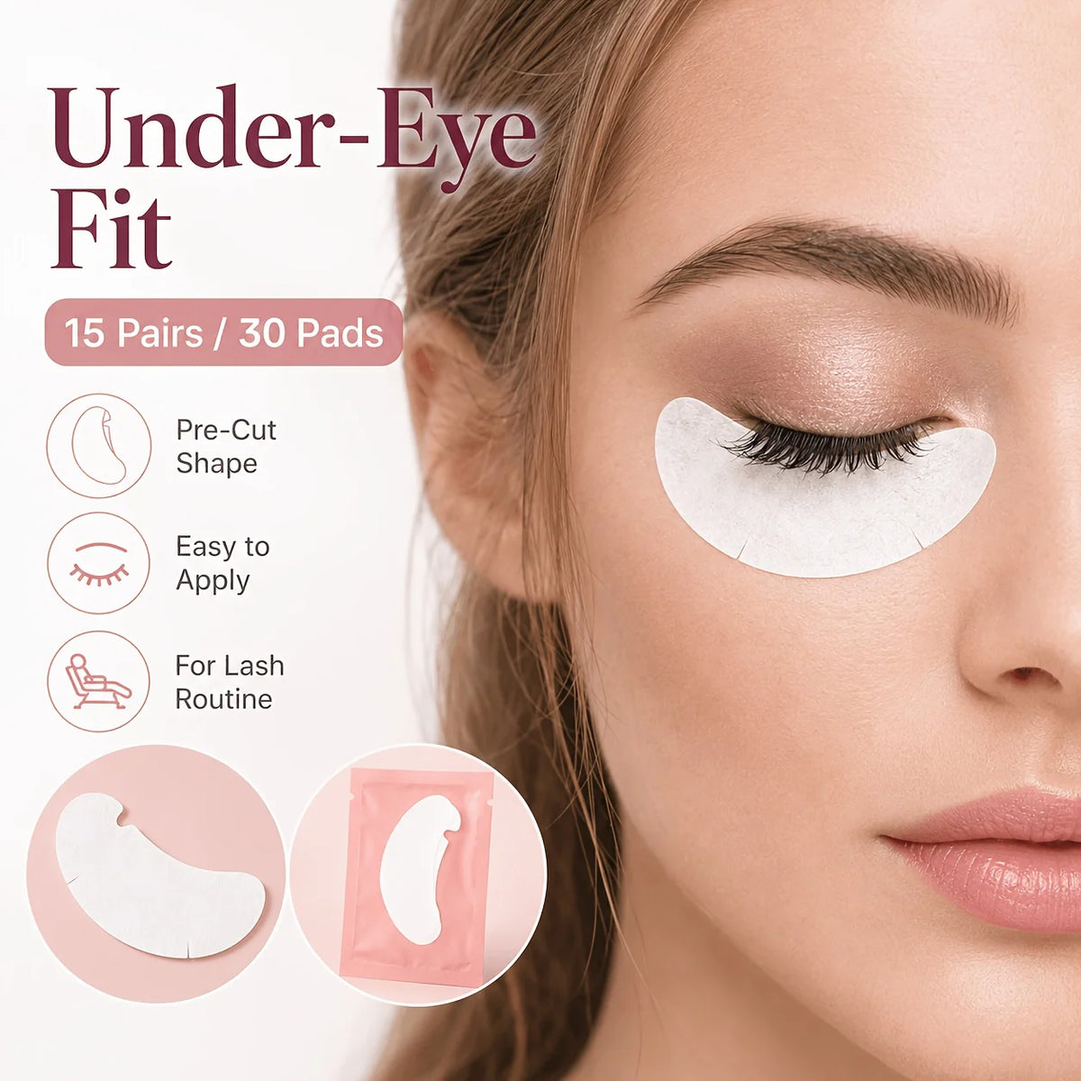Lash Extension Eye Pads, 15 Pairs 30 Pads, Pre-Cut Under Eye Pads with Pink Individual Packs