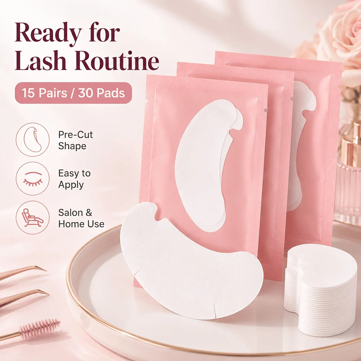 Lash Extension Eye Pads, 15 Pairs 30 Pads, Pre-Cut Under Eye Pads with Pink Individual Packs